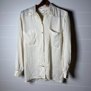 Casual Corner Women’s 100% Silk blouse - button up - Small- Ivory/Lt. Yellow